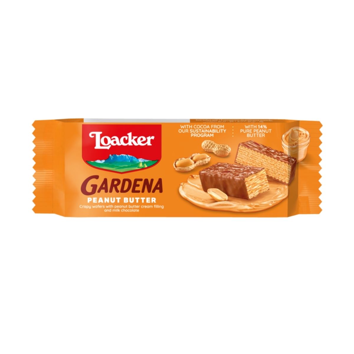 LO 097-LO 125G GARDENA PENUT BUTTER - BOLSA CON 10 UNIDADES DE GALLETA RELLENA DE MANTEQUILLA DE MANÍ - LOACKER - Compralo en Calvbrunnen