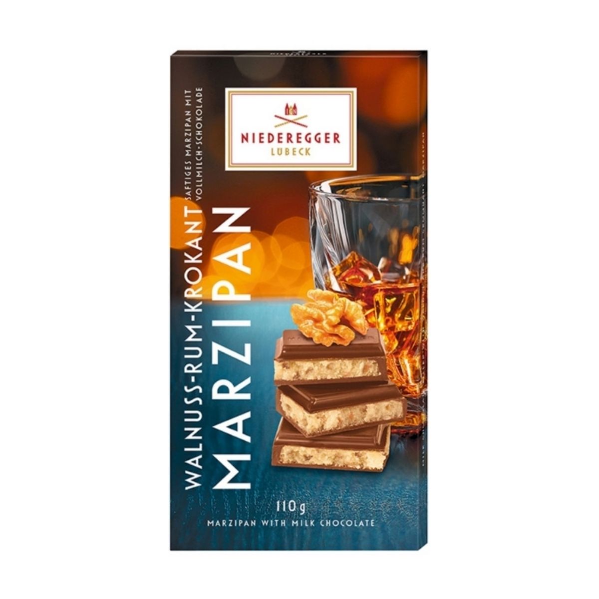 NR 88-NR 110G WALNUSS RUM TAFLE - MAZAPÁN CUBIERTO DE CHOCOLATE CON AVELLANA Y RON - NIEDEREGGER - Compralo en Calvbrunnen