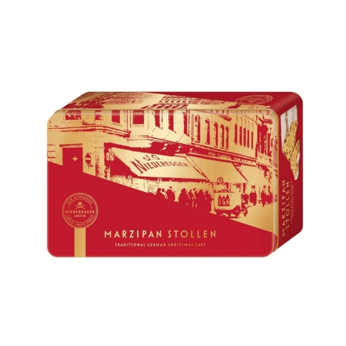 NR 97-NR 500G MARZIPAN STOLLEN IN TIN - PASTEL NAVIDEÑO DE FRUTAS CON MAZAPÁN EN LATA - NIEDEREGGER - Compralo en Calvbrunnen