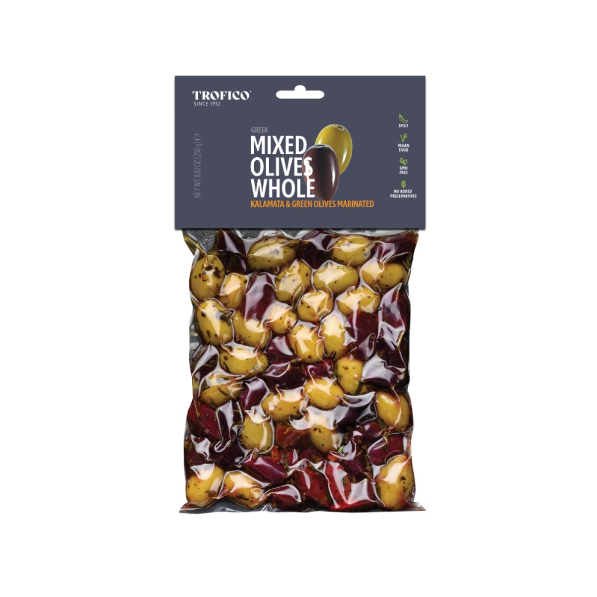 TR 37-TR GREEK MIXED PITTED OLIVES MARINATED (KALAMATA & GREEN) - ACEITUNAS MIXTAS MARINADAS - TROFICO - Compralo en Calvbrunnen