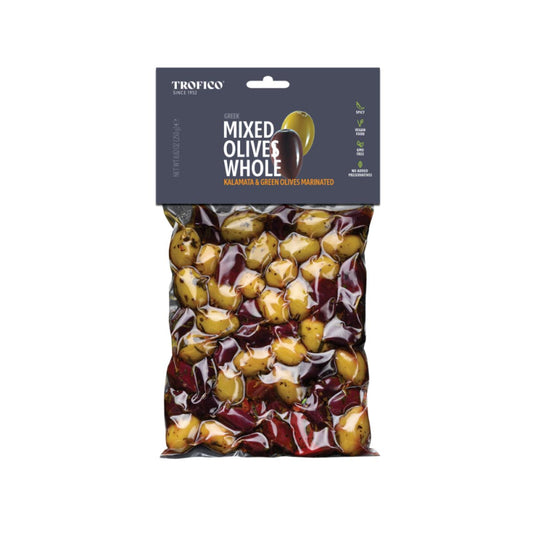 TR 37-TR GREEK MIXED PITTED OLIVES MARINATED (KALAMATA & GREEN) - ACEITUNAS MIXTAS MARINADAS - TROFICO - Compralo en Calvbrunnen
