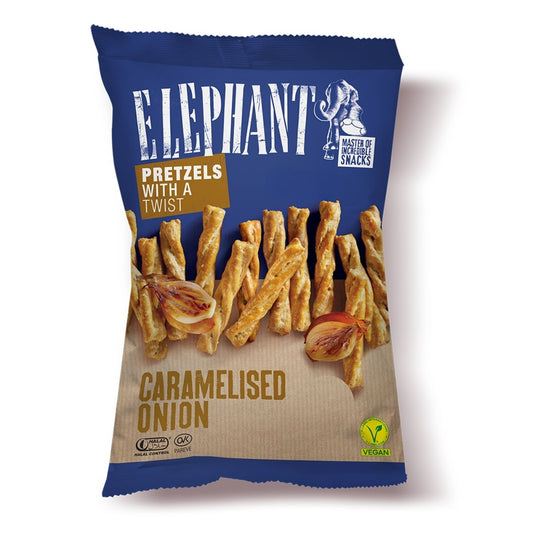 AL 13-AL 160G ELEPHANT TWISTED PRETZELS CARAMELIZED ONION - PRETZELS CON CEBOLLA CARAMELIZADA - ALKA - Compralo en Calvbrunnen